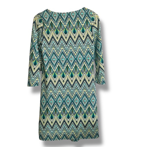 Aryeh Anthropologie Sz Small Geometric  Shift Dress Green Blue Flare Sleeve - Picture 2 of 7